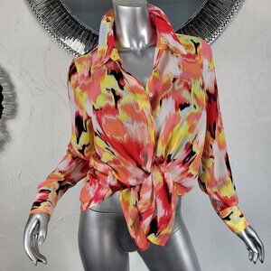 NWT~$90~DKNY~M/L~STUNNING RED YELLOW ORANGE BLOUSE TUNIC TOP PEASANT SHIRT